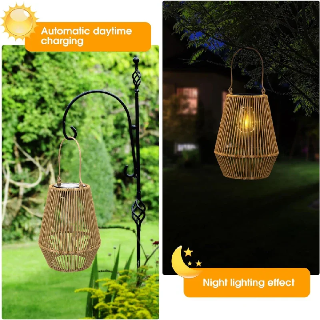 Stemningsfull utelampe til hage og terrasse. Håndvevd solcellelampe med LED for magisk kveldsbelysning.