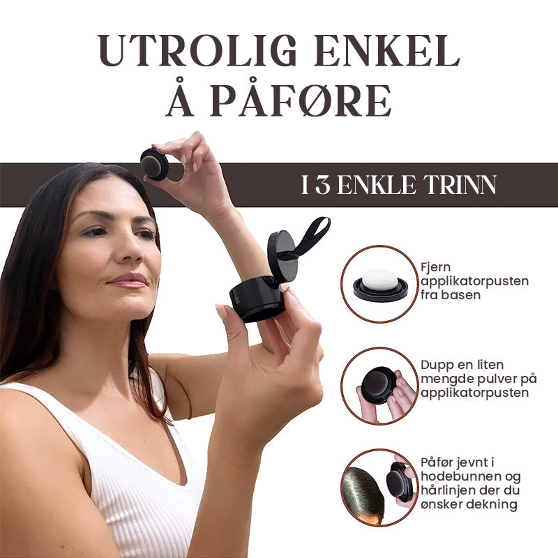 Svettebestandig hårfargepulver, perfekt for å skjule grå hår og tynne partier.