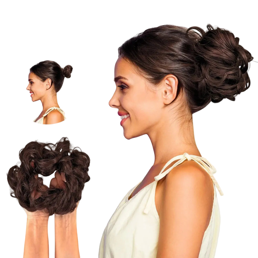 Hårtilbehør: Scrunchie for enkel voluminøs hårbolle i syntetisk hår.