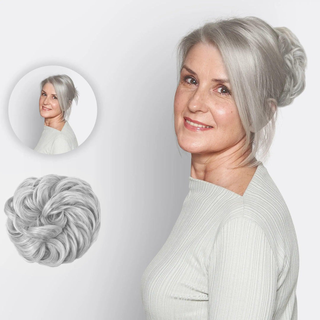 Hårtilbehør: Enkel voluminøs hårbolle med scrunchie og syntetisk hår.