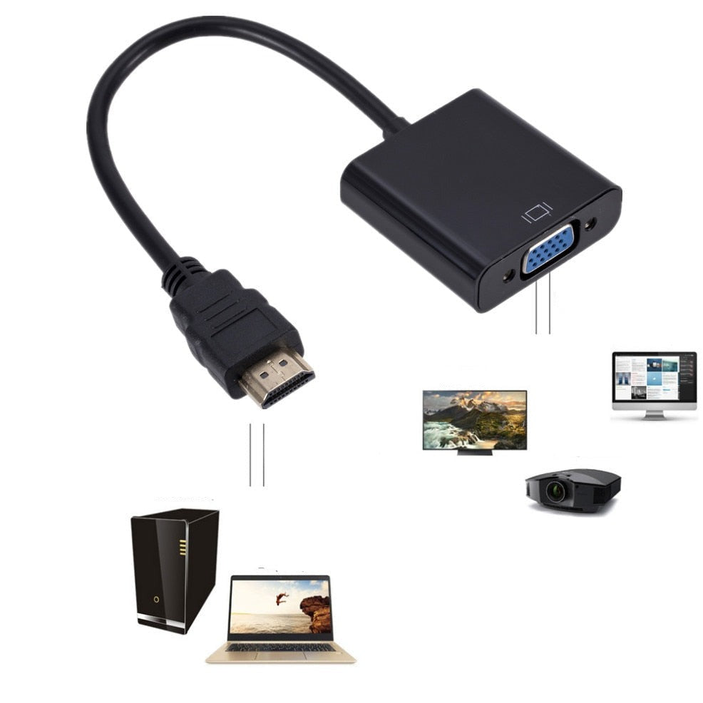 Digital-til-analog videokabeladapter: HDMI-inngang og VGA-utgang for sømløs tilkobling til projektor eller TV.