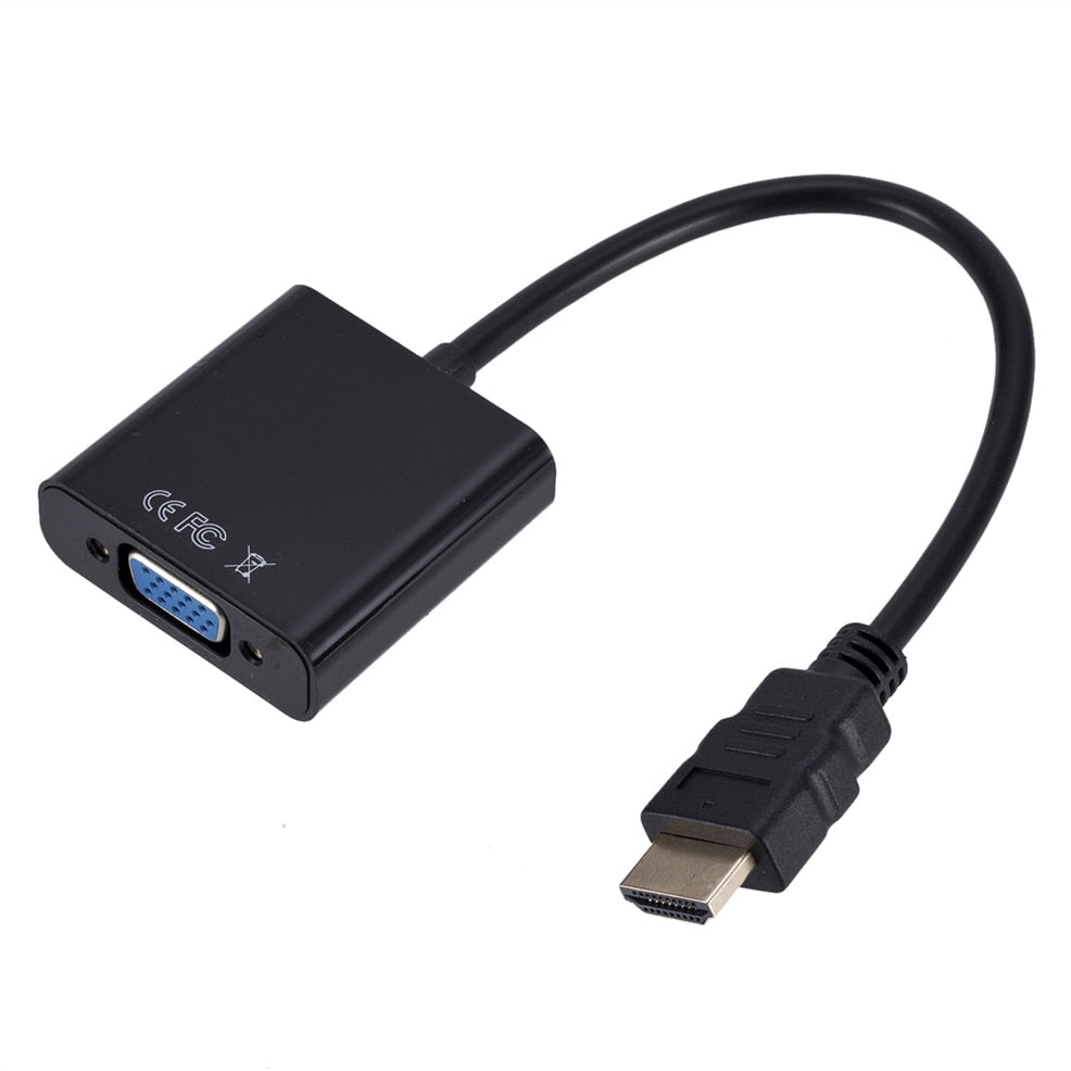 Svart HDMI til VGA-konverter vist fra siden. Essensielt tech-utstyr for videovisning på større skjermer.