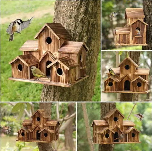 Stilrent, brunt fuglehus i tre. Perfekt som hageinnredning og trygt hekkested for hagefugler utendørs.