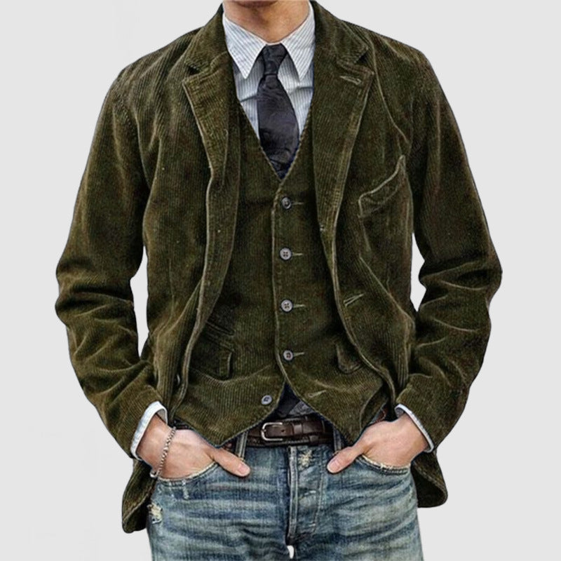 Komfortabel herreblazer og vestsett, ideelt for høstantrekk og vintermote med tidløs stil.