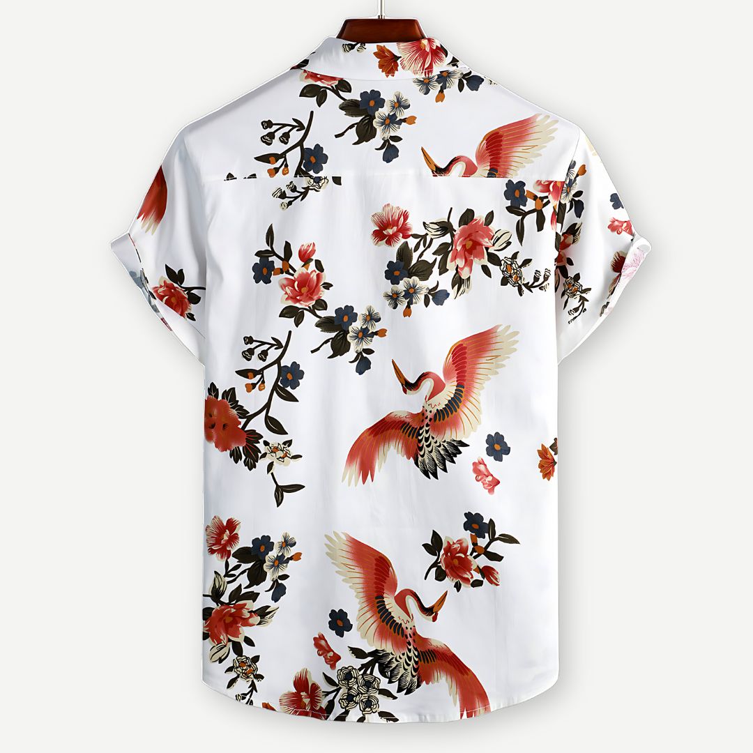 Stilig herre blomsterskjorte; fargerik, lett sommerskjorte perfekt for fest eller uformelle anledninger.