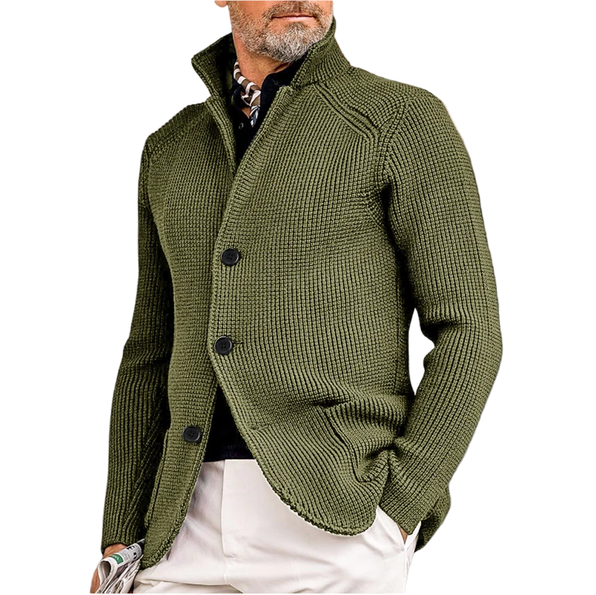 Herre cardigan i ribbet strikk med høy krage, perfekt for komfortabel herremote høst/vinter.
