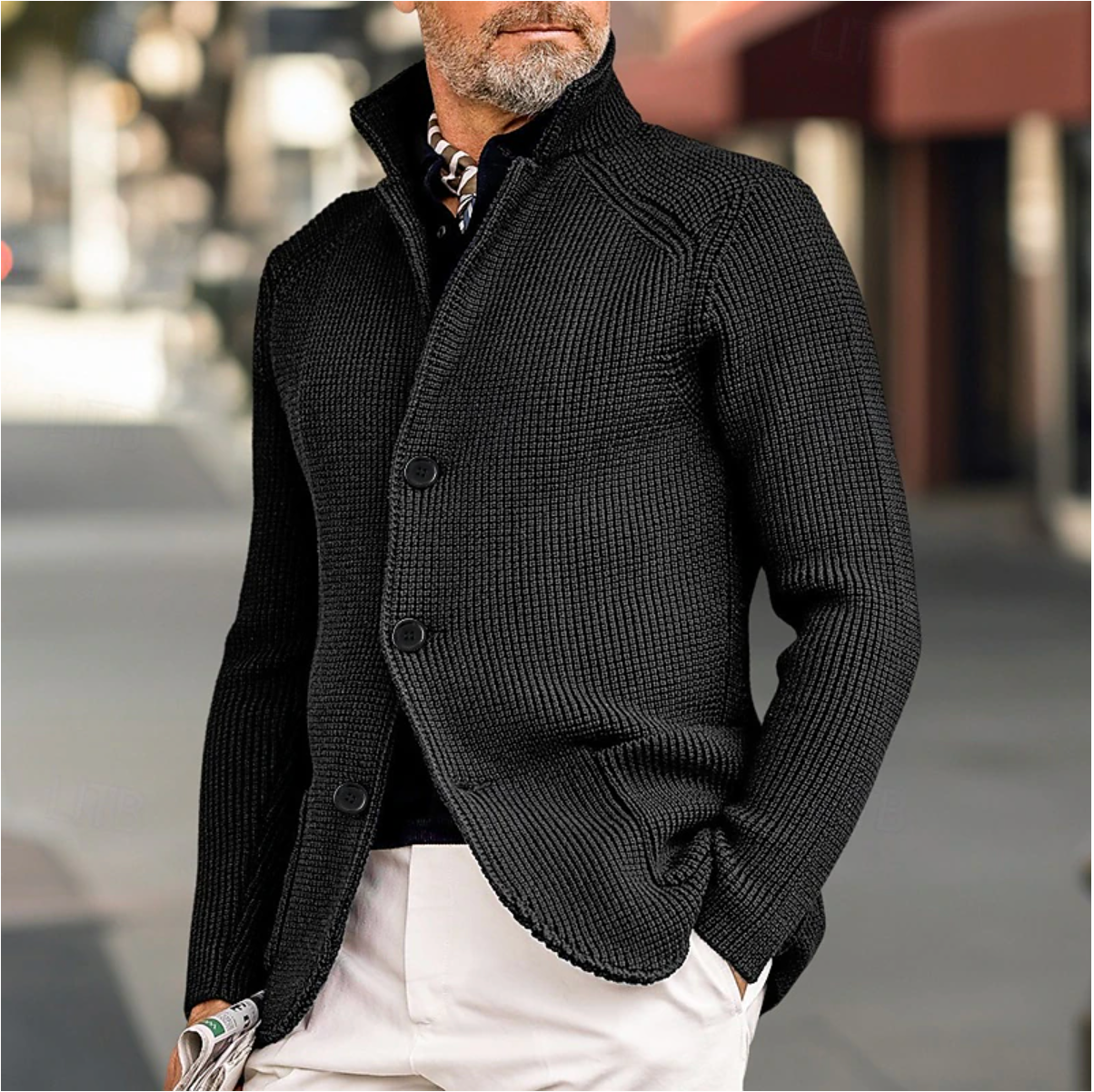 Allround herre cardigan med ribbet design og høy krage, en stilfull og komfortabel overdel for menn.