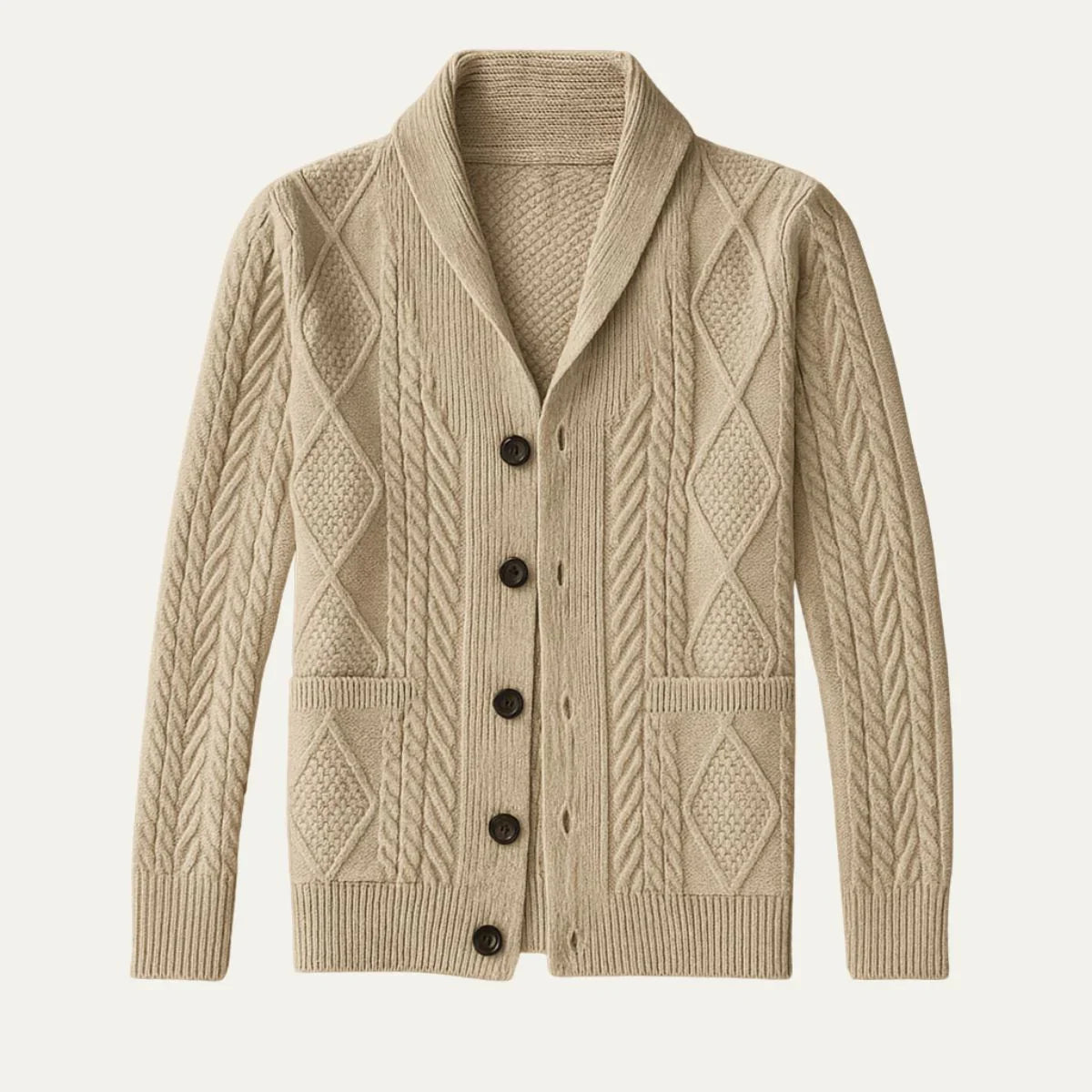 Stilig herre cardigan jakke, ideell for høst- og vinterantrekk. Elegant og casual passform.