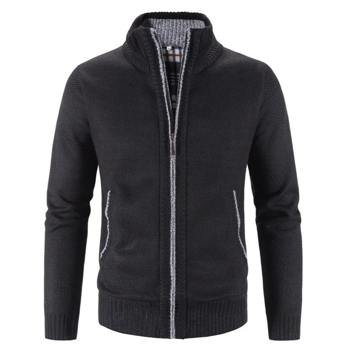 Herre cardigan med glidelås, mock-hals for stilig komfort. Moderne og allsidig for herremote.