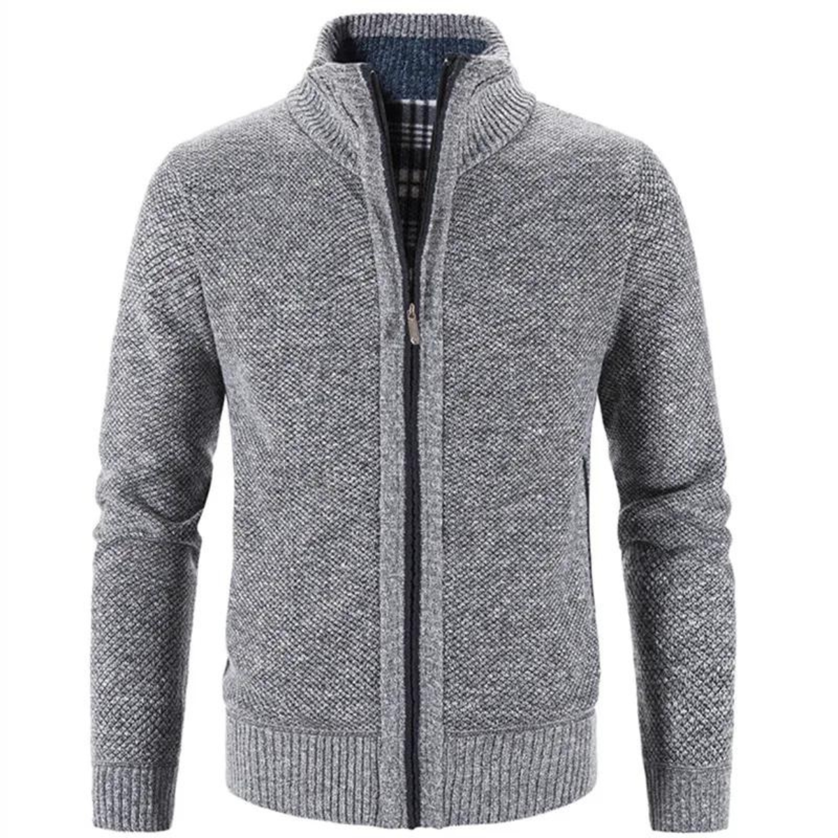 Allsidig herre cardigan med glidelås og mock-hals. Ideell for casual, moderne antrekk og herremote.
