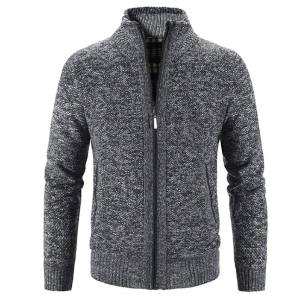 Stilig, moderne glidelås cardigan for herre med mock-hals. Komfortabel for hverdags og semi-formelle anledninger.