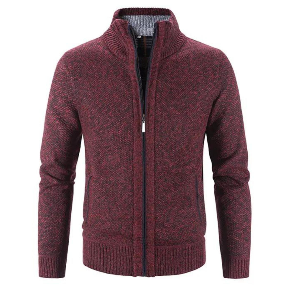 Klassisk herre cardigan med glidelås og mock-hals. Tidløs, komfortabel og essensiell i herregarderoben.