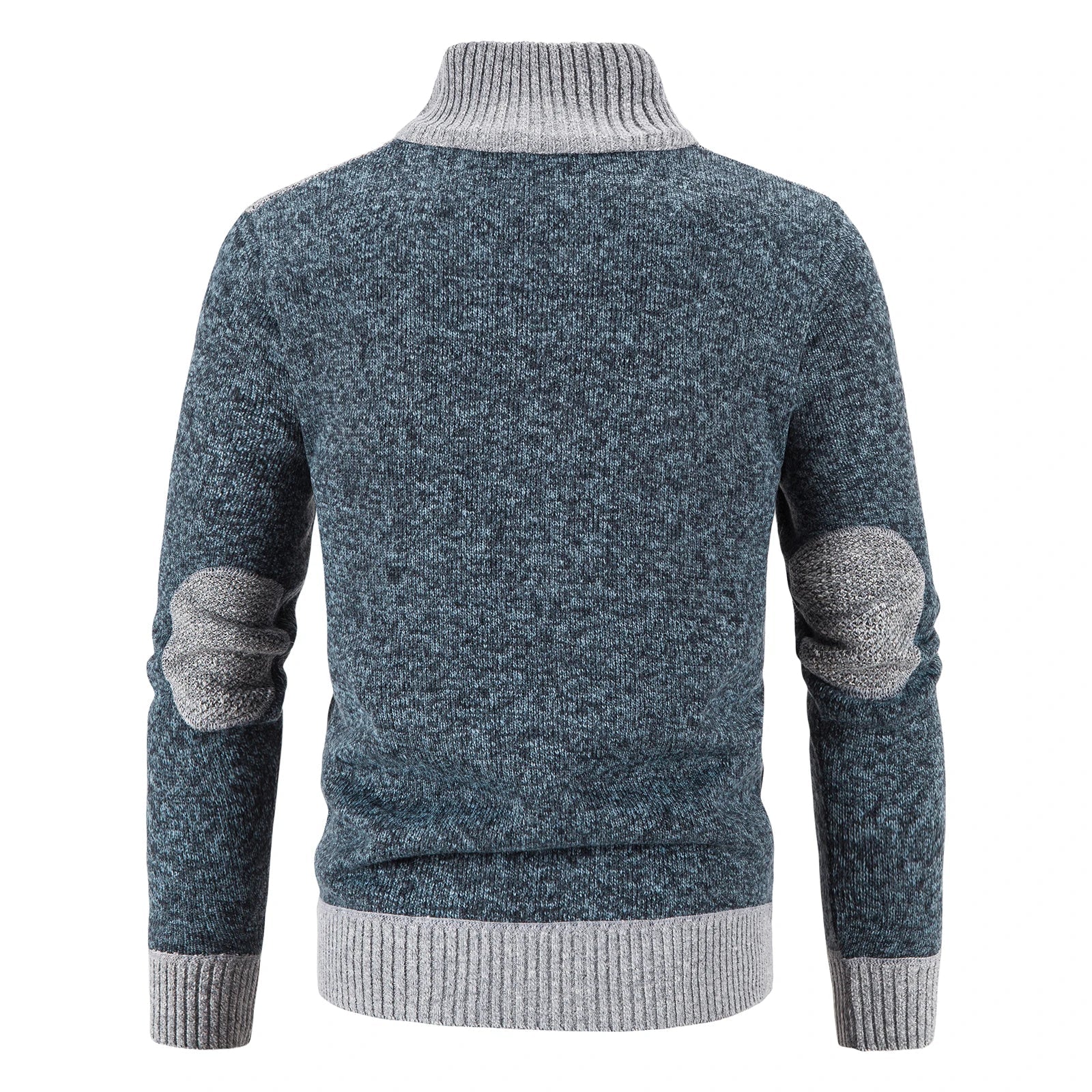 Mann iført en uformell herre cardigan med patchwork design, ideell for lag-på-lag i høstkulden. Komfortable vinterklær.