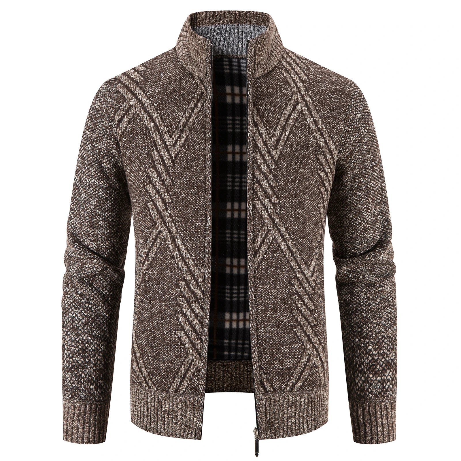 Herre cardigan med patchwork design i et utendørs miljø, perfekt som lag-på-lag plagg for høst og vinter.