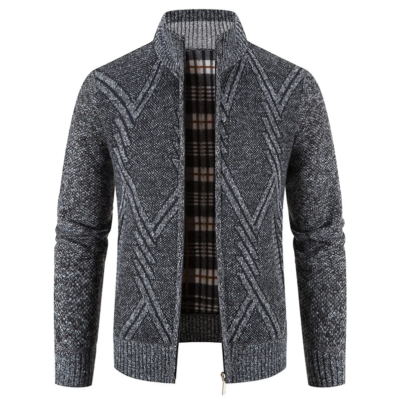 Stilig herre cardigan jakke med unikt patchwork, åpen over skjorte. Ideell for høst og vinter, komfortabel og trendy.