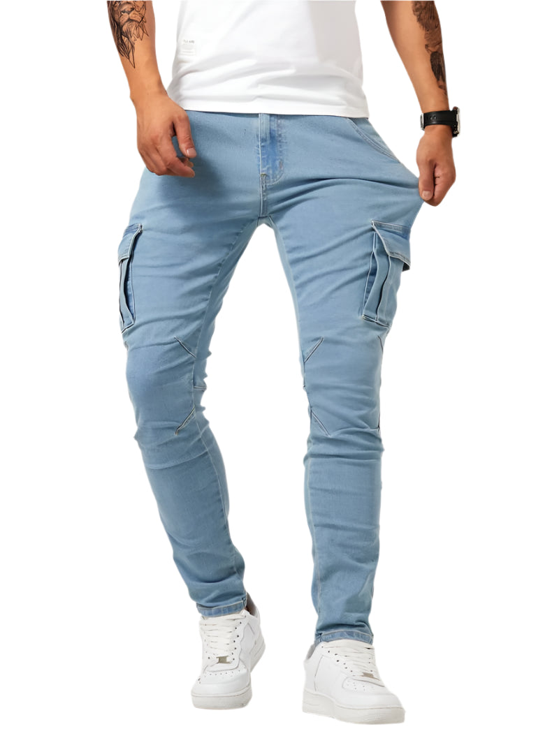 Komfortable herre cargojeans for bevegelsesfrihet, allsidig hverdagsbukse.