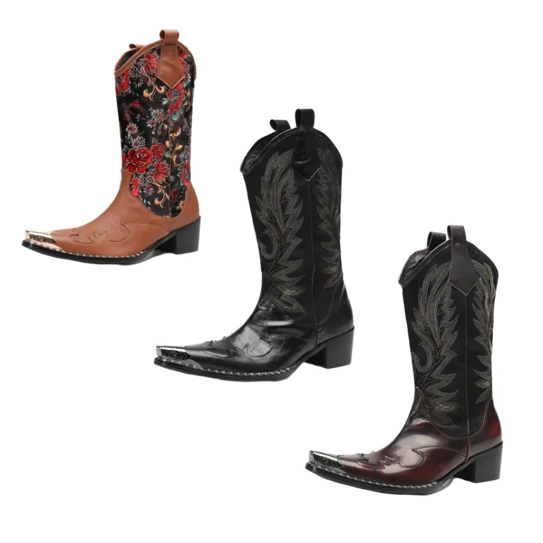 Robuste herre cowboyboots med skinnende metalltå og stilige broderidetaljer, ideelle for motebevisste menn.