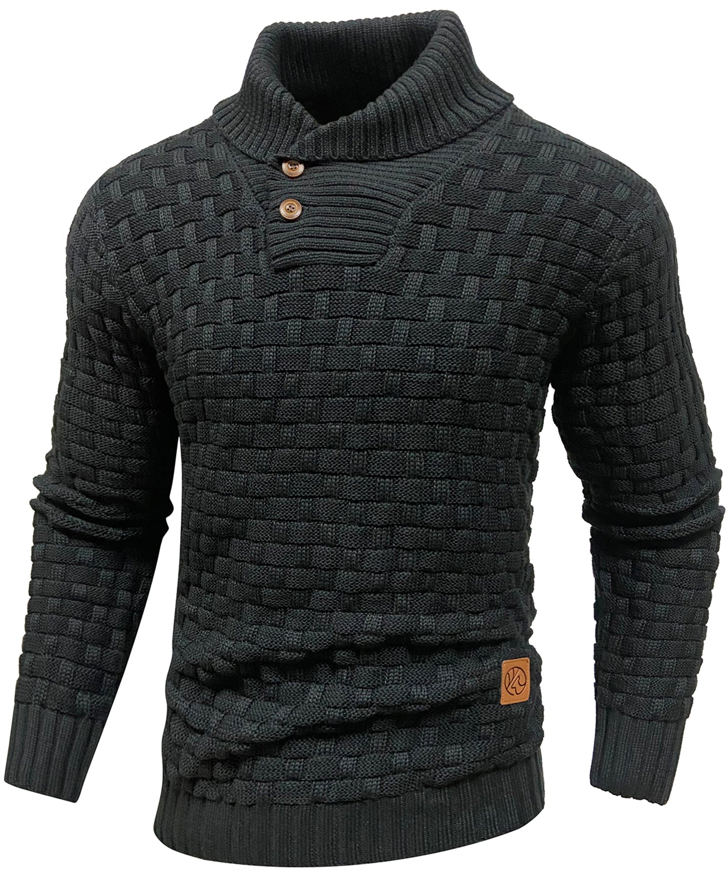 Varm høst- og vintergenser for menn. Høy krage, strikkemønster og elegant, komfortabel design.