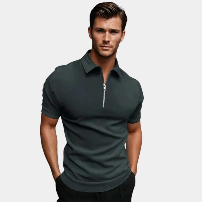 Herre golfskjorte i polyester med glidelås. Komfortabel polo for golf og fritid, ensfarget stil.