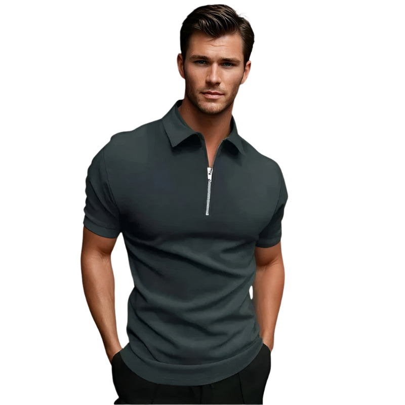 Herre golfskjorte med glidelås, elastisk polyester, korte ermer. Komfortabel sportsklær for sommer.