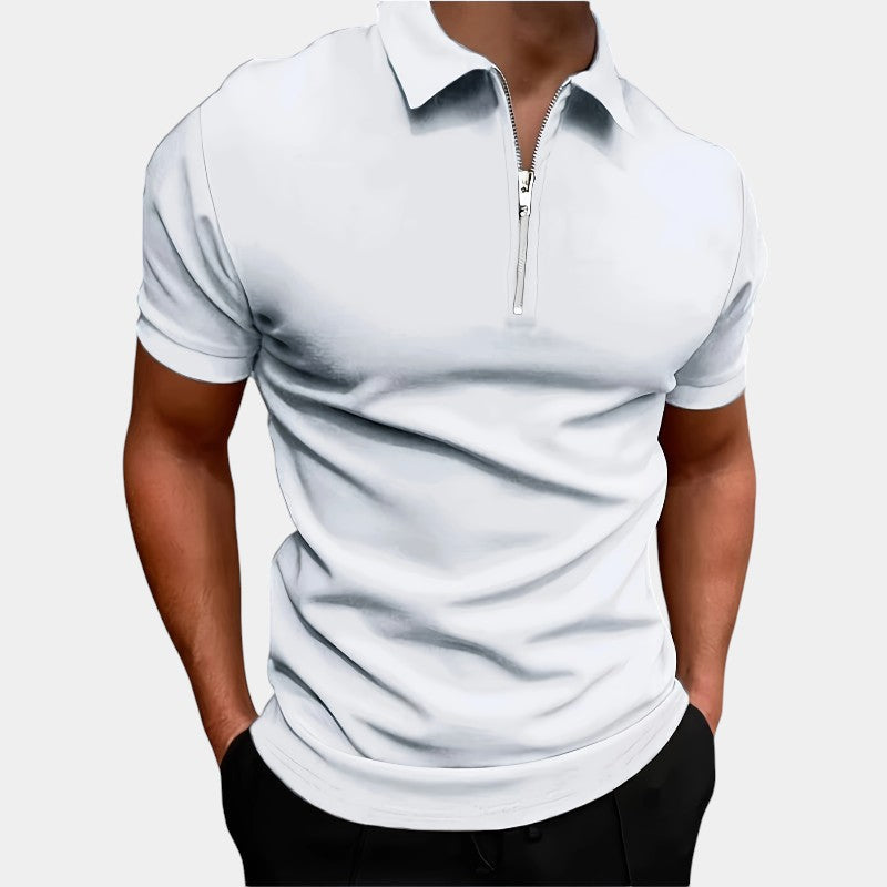Ensfarget herre glidelåsskjorte, elastisk, korte ermer. Ideell for golf og fritid i sommer.