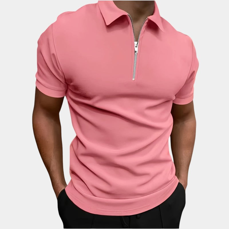 Herre golfskjorte, glidelåsskjorte, elastisk polyester, korte ermer. Allsidige sportsklær for menn.