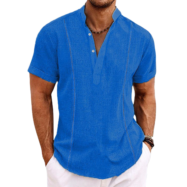Herre Henley skjorte kortermet med 3-knappers lukking i hvit bomull, perfekt for sommer fritid og hverdag.