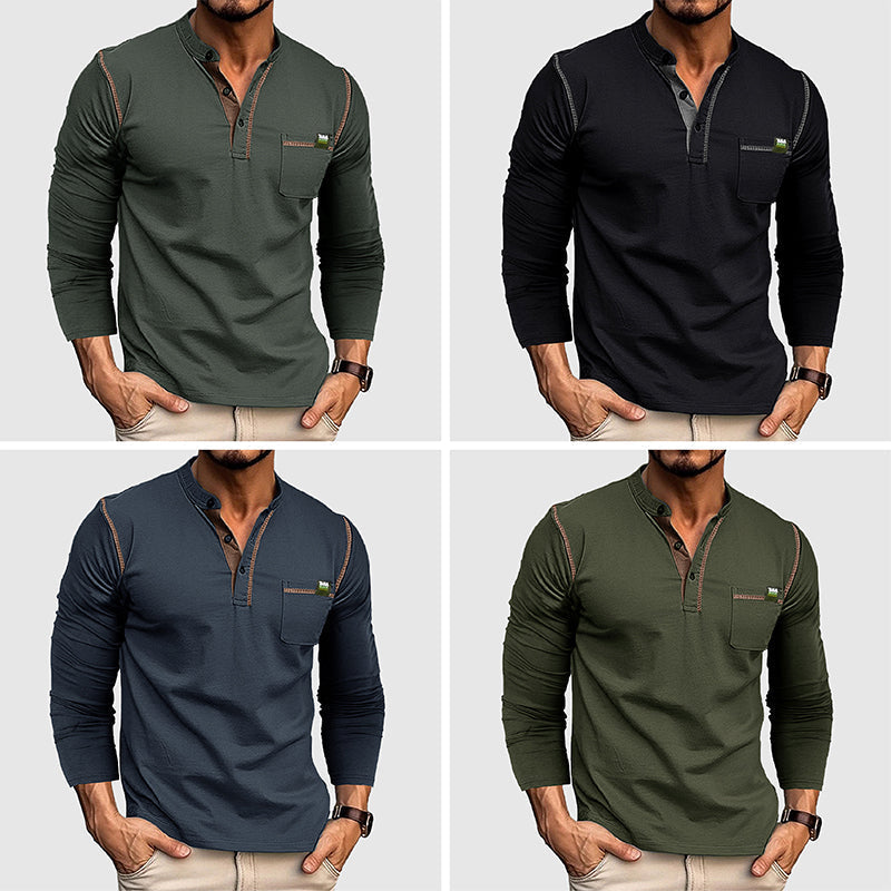 Allsidig herre henley skjorte, langermet, med knapper og praktisk brystlomme. Passer til mange anledninger.
