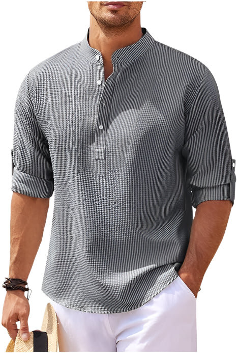 Herre Henley skjorte langermet med rulleoppslag, perfekt for casual sommerbruk.