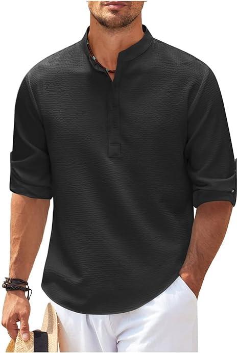 Klassisk herre Henley skjorte, langermet, med funksjonelle rulleoppslag. Pustende materiale.