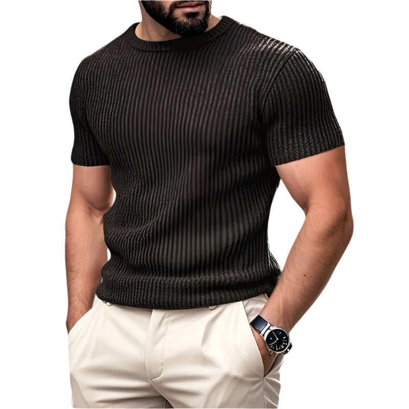 Herre jacquard t-skjorte i beige, kortermet med rund hals. Komfortabel polyester for hverdag og stil.