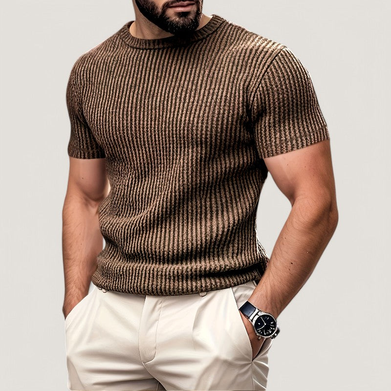 Nærbilde av herre jacquard t-skjortens tekstur. Kortermet, behagelig polyester for god stil.