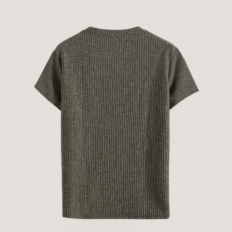 Bakside av grønn herre jacquard t-skjorte, kortermet. Komfortabel polyester t-skjorte med rund hals.