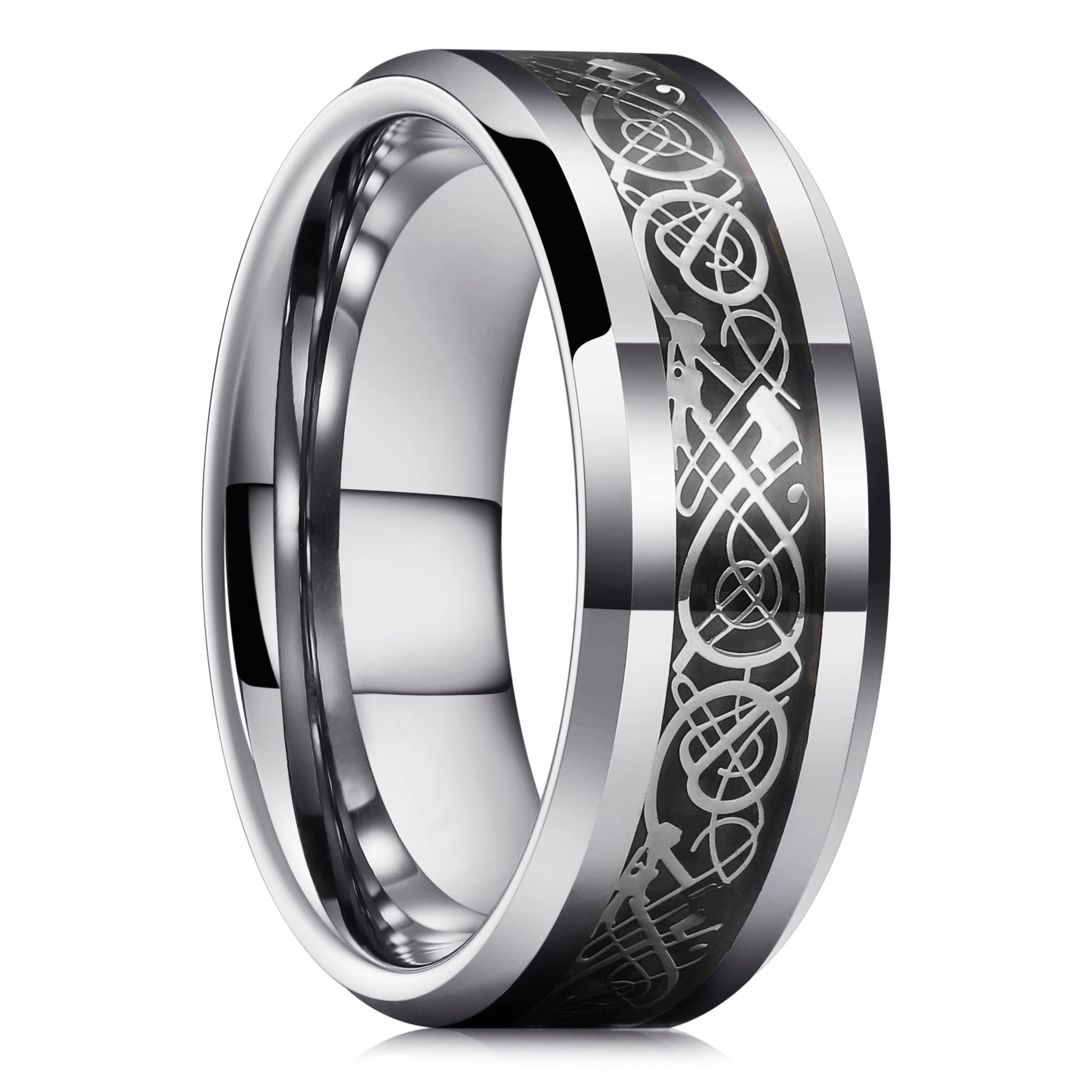 Elegant herre tilbehør: Slitesterk wolframkarbid ring med intrikat keltisk dragedesign.