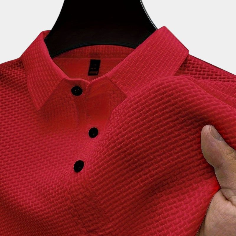 Herre kortermet golfskjorte med mesh og geometrisk design. Pustende nylon/spandex, perfekt sportstøy.