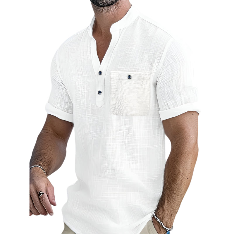 Herre kortermet rayon skjorte med v-hals. Uformell sommerstil for fritid.