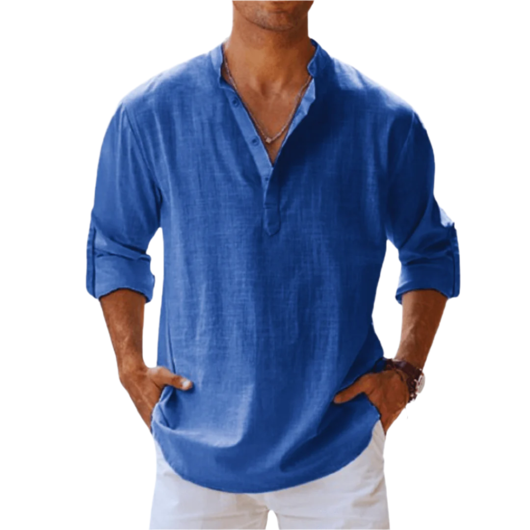 Herre langermet henley-skjorte i bomull, perfekt for fritid og casual vår-/sommerstil.