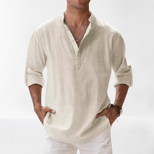 Langermet henley-skjorte for herre med knapper i halsen. Casual og komfortabel vår-/sommerstil.