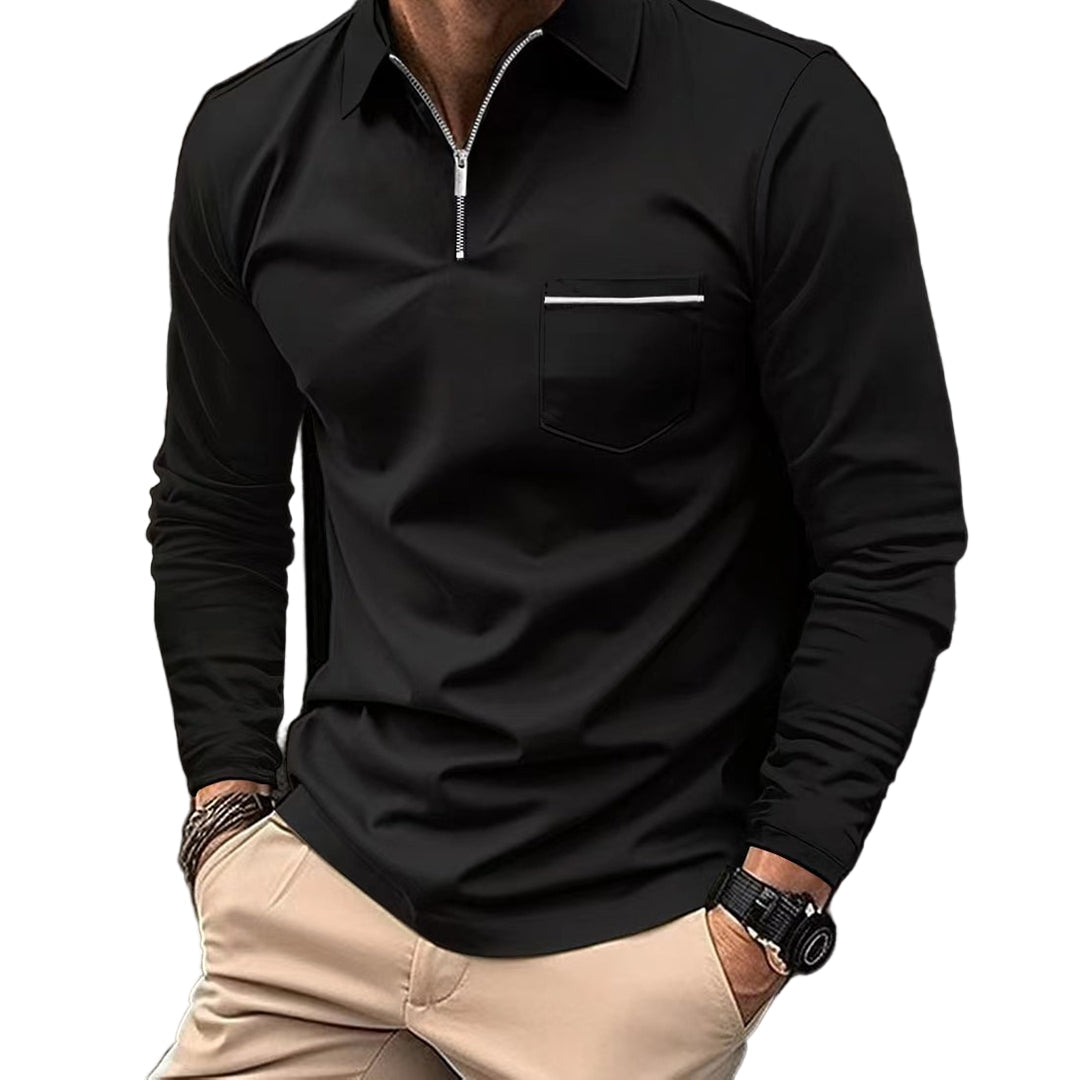 Herre langermet poloshirt med unik glidelåskrage og brystlomme for smart casual stil.