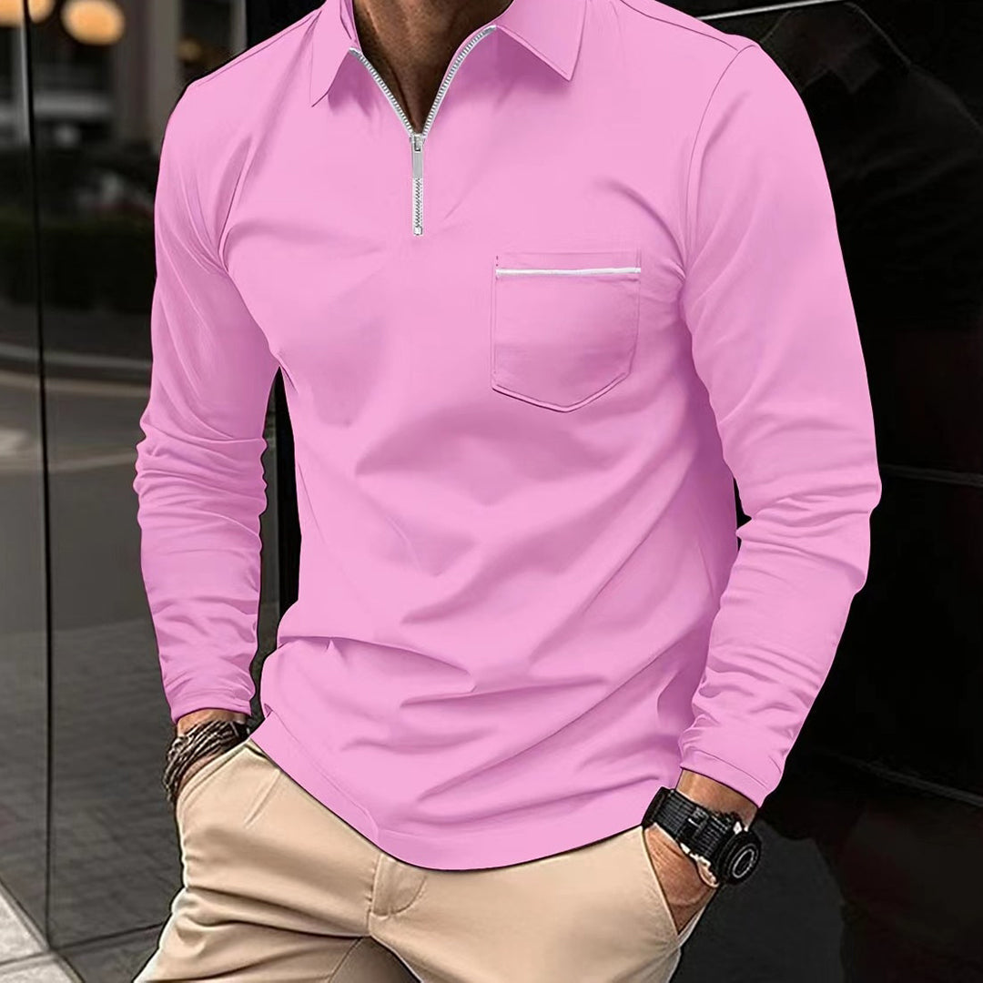 Unik glidelåskrage på denne langermede herre poloshirten for en moderne og komfortabel stil.