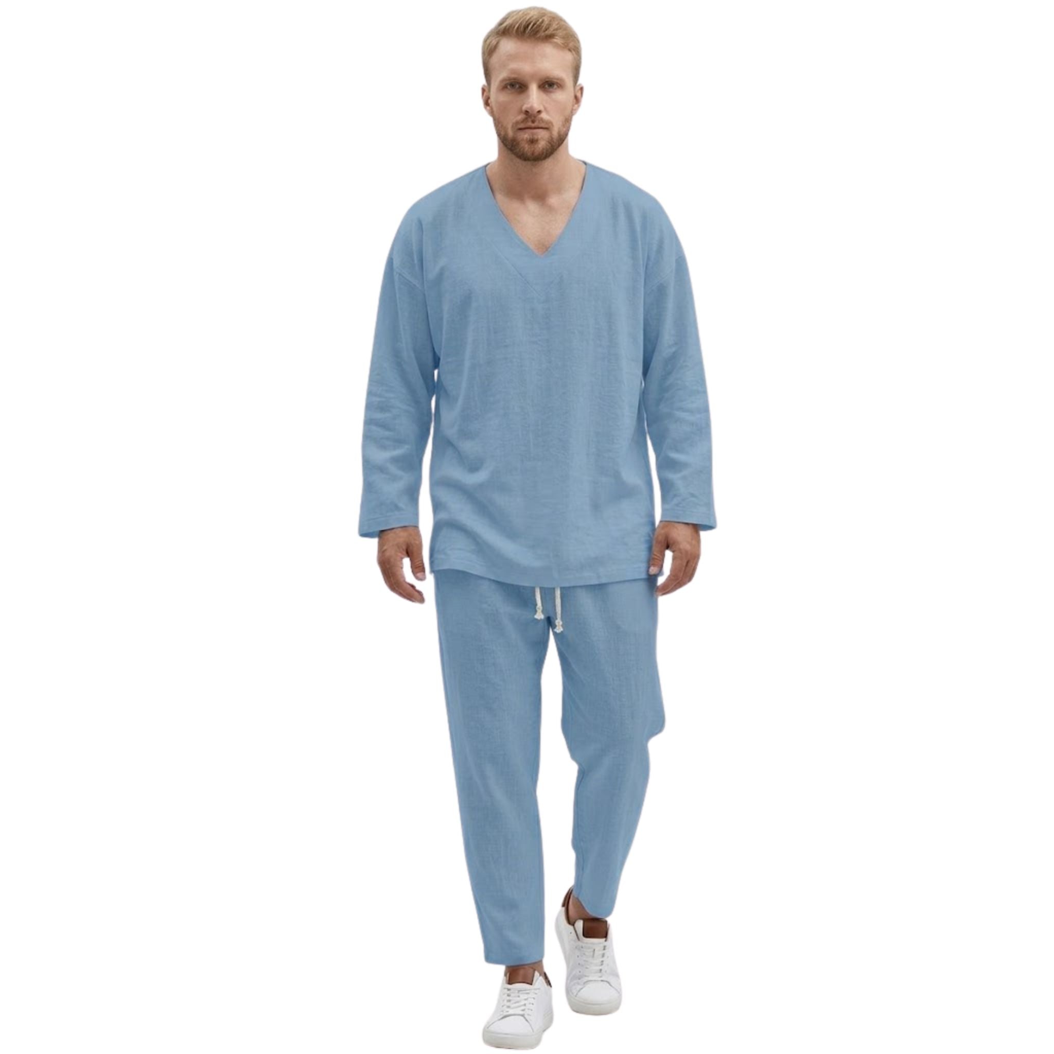 Herre loungewear sett i mykt stoff med V-hals, langermet genser og matchende bukser for avslappet hjemmekos.