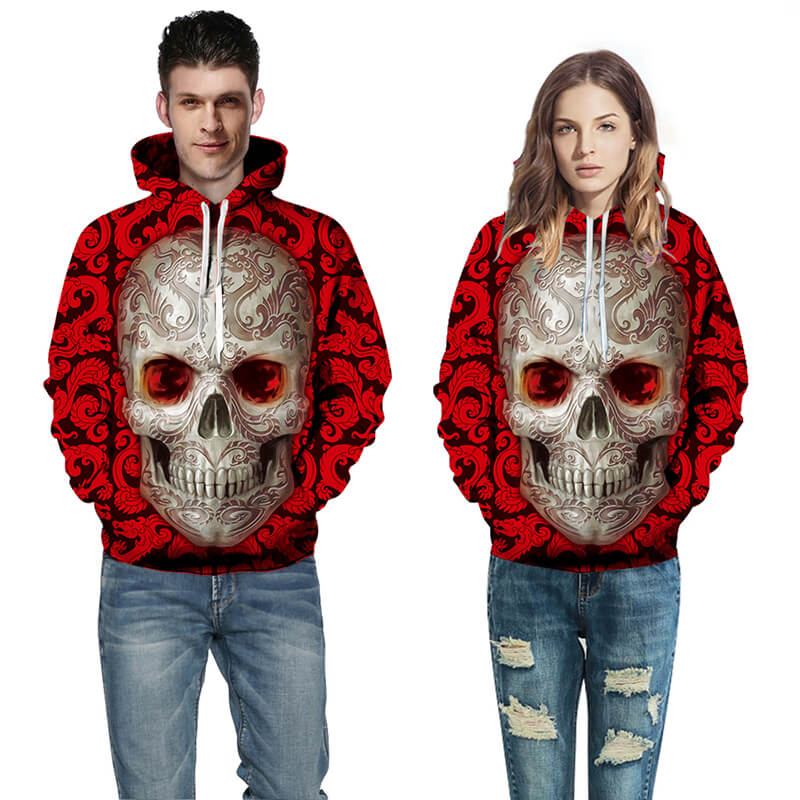Herre rød hettegenser med stor hodeskalleprint. Komfortabelt streetwear for menn.