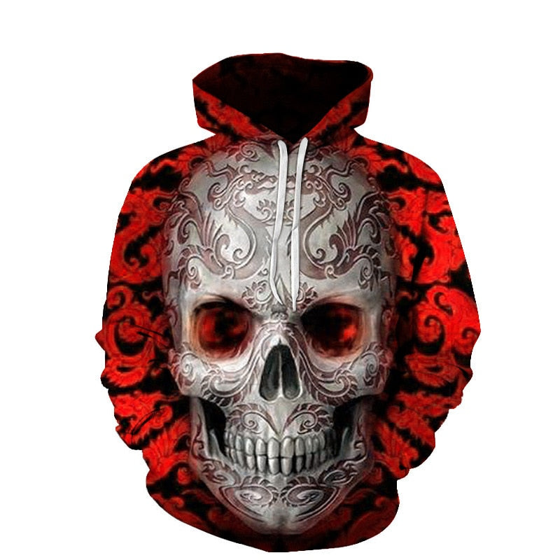 Stilig rød hettegenser for menn. Unikt hodeskalledesign, perfekt for casual bruk.