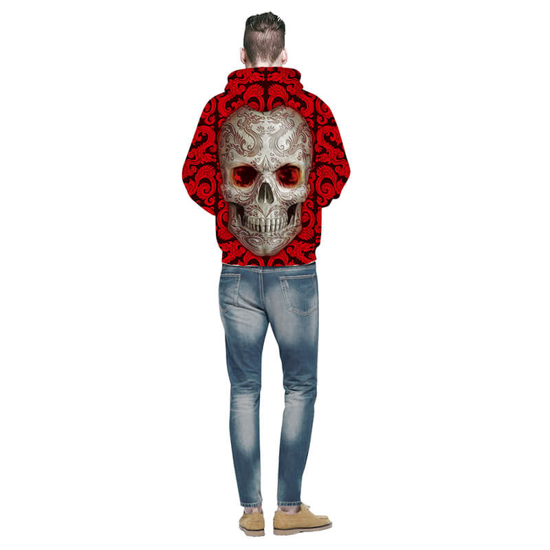Rød casual hettegenser for herre, med kul hodeskalle. Ideell for en avslappet look.