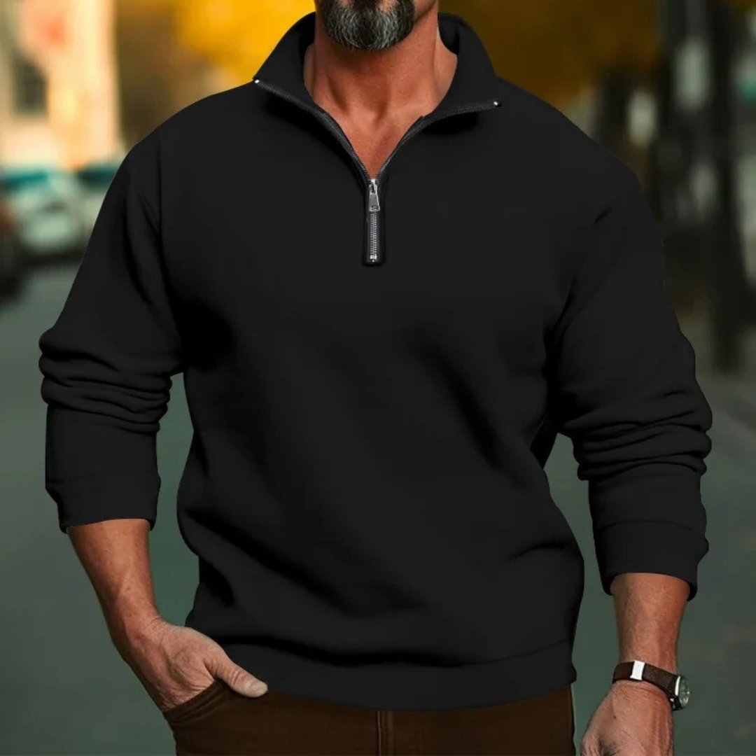 Klassisk herre sweatshirt med halv glidelås i nøytral farge, lett å kombinere med hverdagsklær.