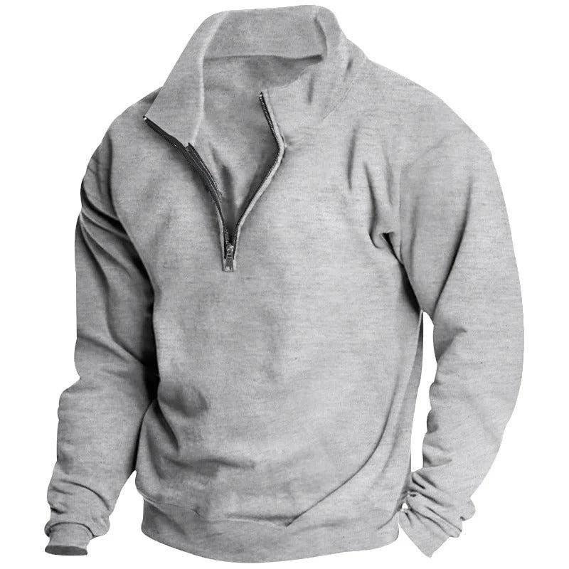 Detaljbilde av ståkrage og halv glidelås på stilfull herre sweatshirt, en casual klassiker.