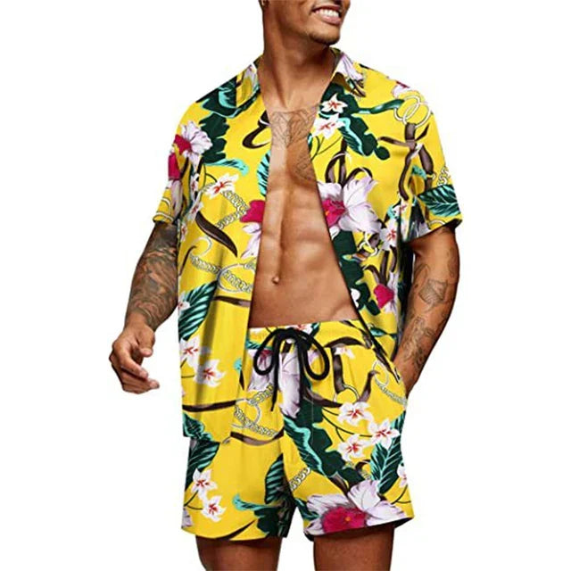 Trendy herre sommersett med kortermet skjorte og shorts. Ideelt for fritid, reise og avslappet sommermote.