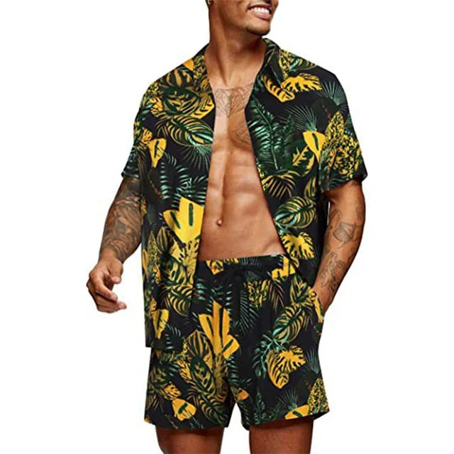 Komfortabelt herre sett: kortermet skjorte og shorts. Stilrent design for avslappet sommermote og fritidsbruk.