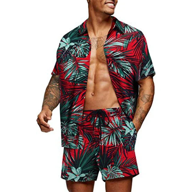 Avslappet herre sommersett: kortermet skjorte og shorts med abstrakt design. Perfekt for strand og fritid.