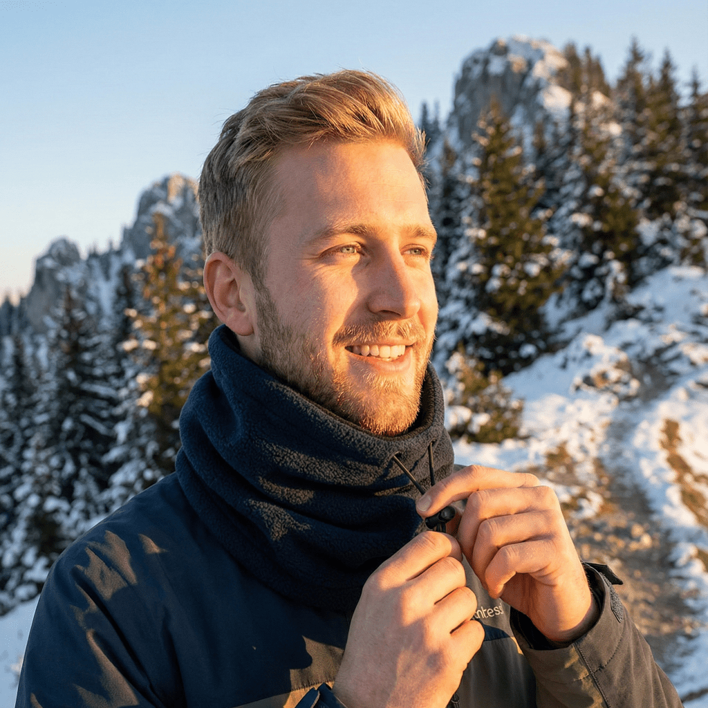 Varm herre fleece halsvarmer, vindtett design beskytter nakken mot vinterkulde. Perfekt for aktive menn utendørs.